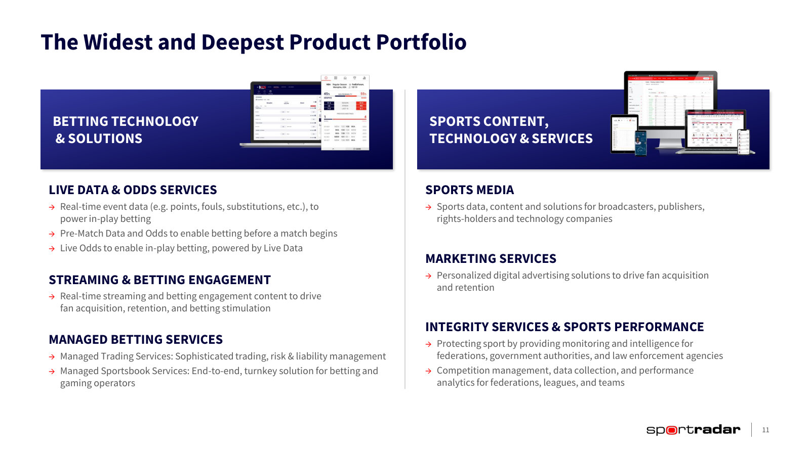 The product line-up split across the two reporting segments, with what each product actually does.
